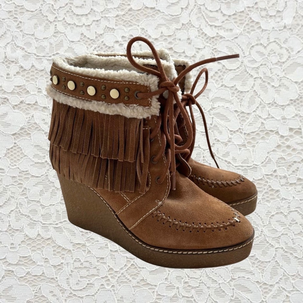 sam edelman boho fringe wedge boots with stud embellishments w/ shearling lining